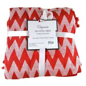 Two (2) Elegancia 100% Cotton Throw Blanket Red Chevron 50" x 60" Christmas